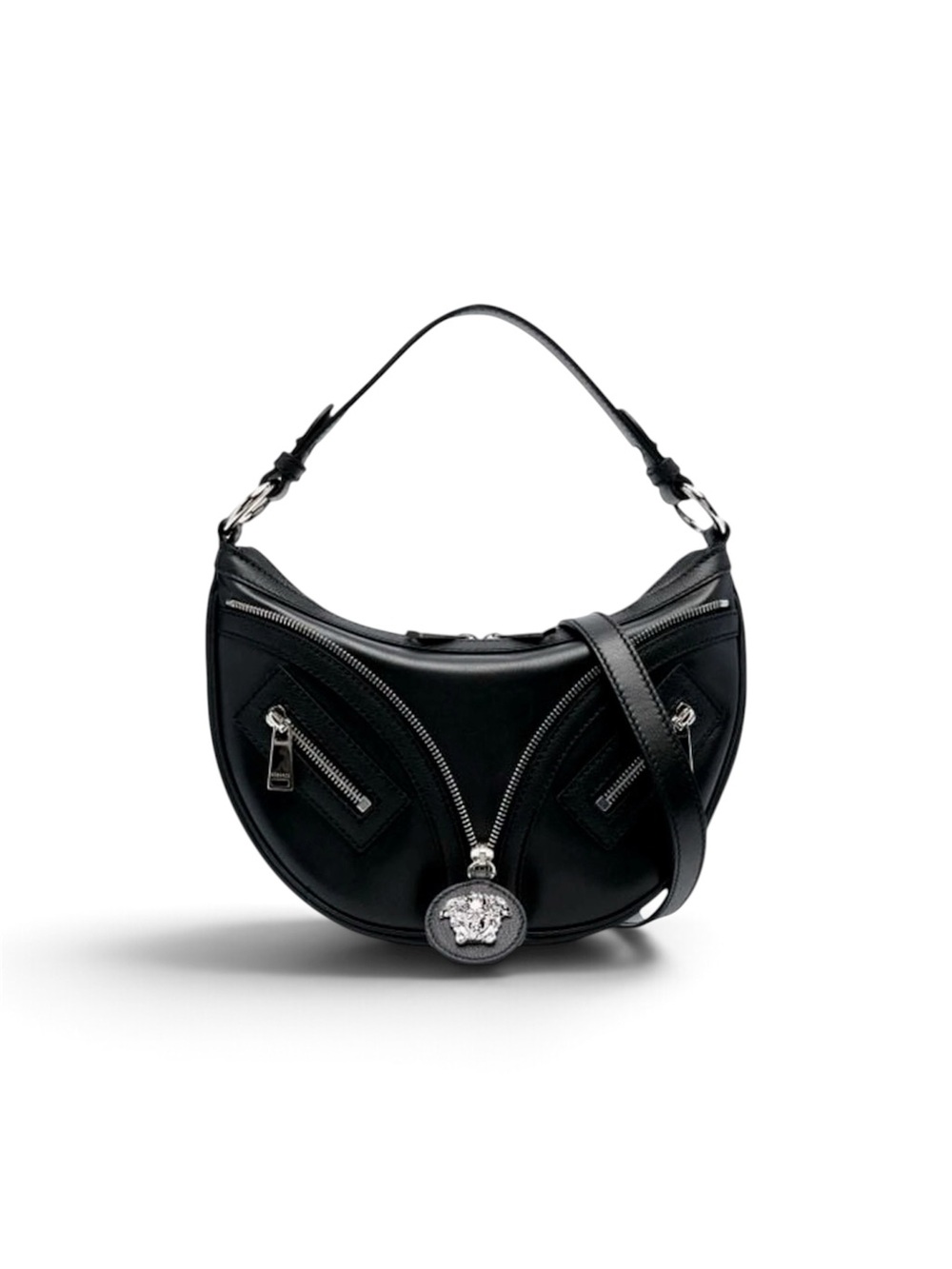 NWT Versace Black Calfskin Small Repeat Zip Hobo Bag